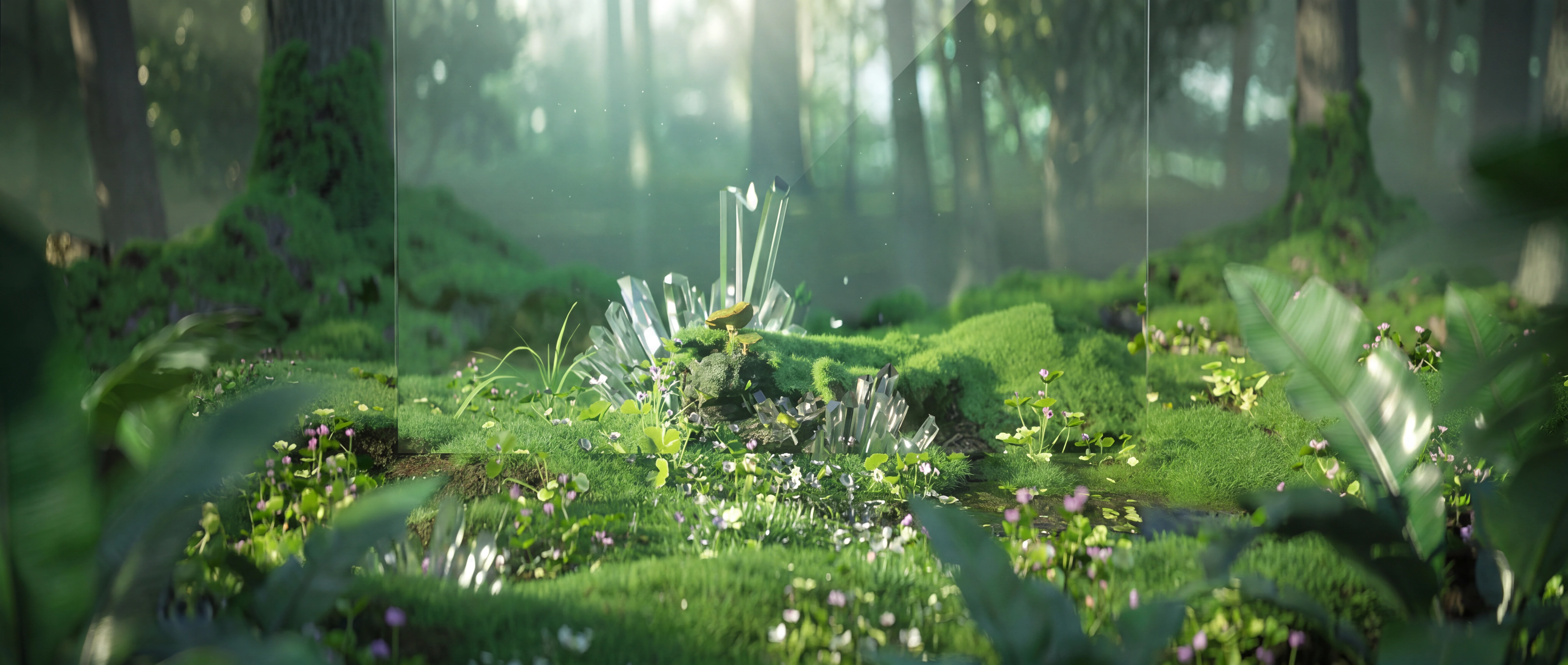 Crystals growing among moss and flowers in a sunlit forest