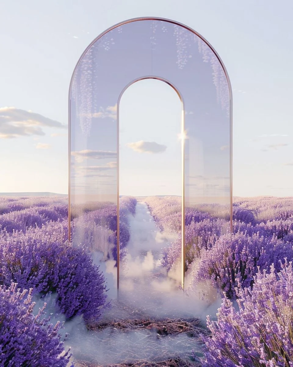Lavender field beneath monumental arches