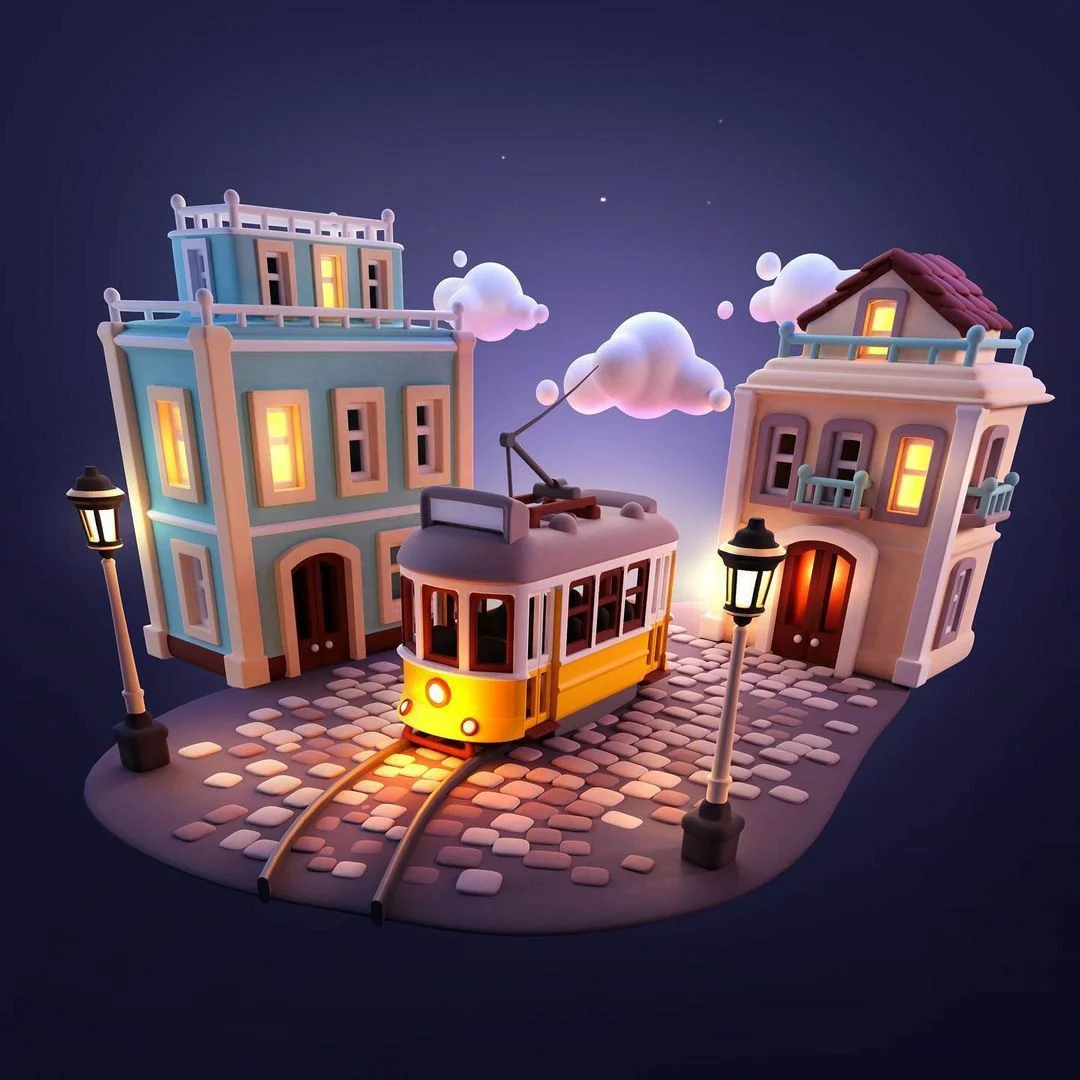 Stylized 3D tram and city scene